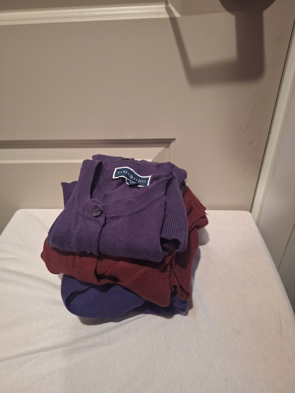 Karen Scott Purple Cardigan Stack with Burgundy and Navy Layers